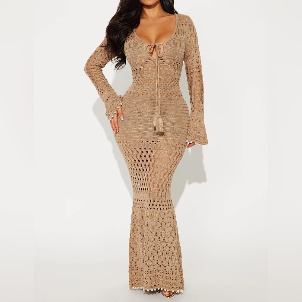 NEW Crochet Knit Maxi Dress - Tan